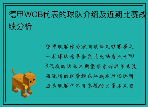 德甲WOB代表的球队介绍及近期比赛战绩分析