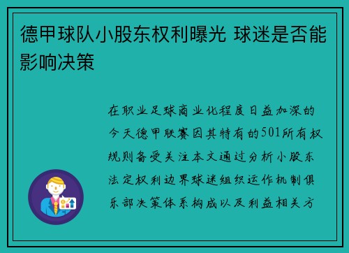 德甲球队小股东权利曝光 球迷是否能影响决策
